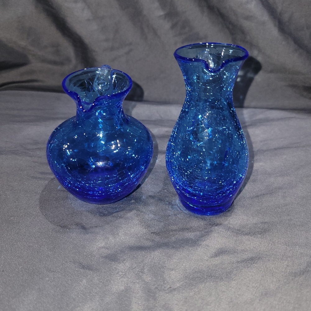 Vintage Mid Century Blue Hand Blown Crackle Small Pitchers Set Of 2 - Picture 4 of 10